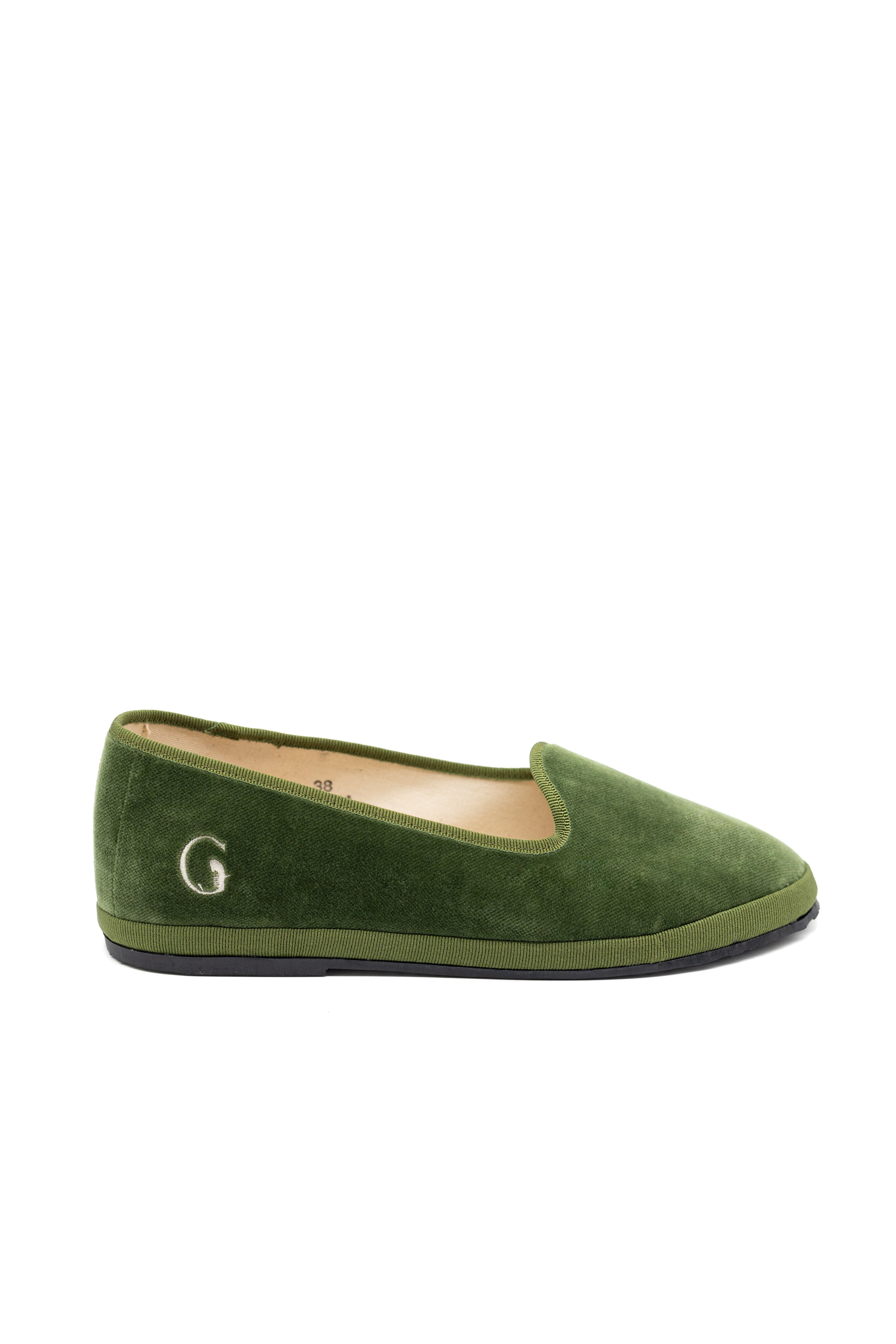 Handcrafted Gondolina Sant Erasmo flats in light green velvet, featuring authentic Venetian design, main view