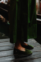 Handcrafted Gondolina Sant Erasmo flats in light green velvet, featuring authentic Venetian design, lifestyle