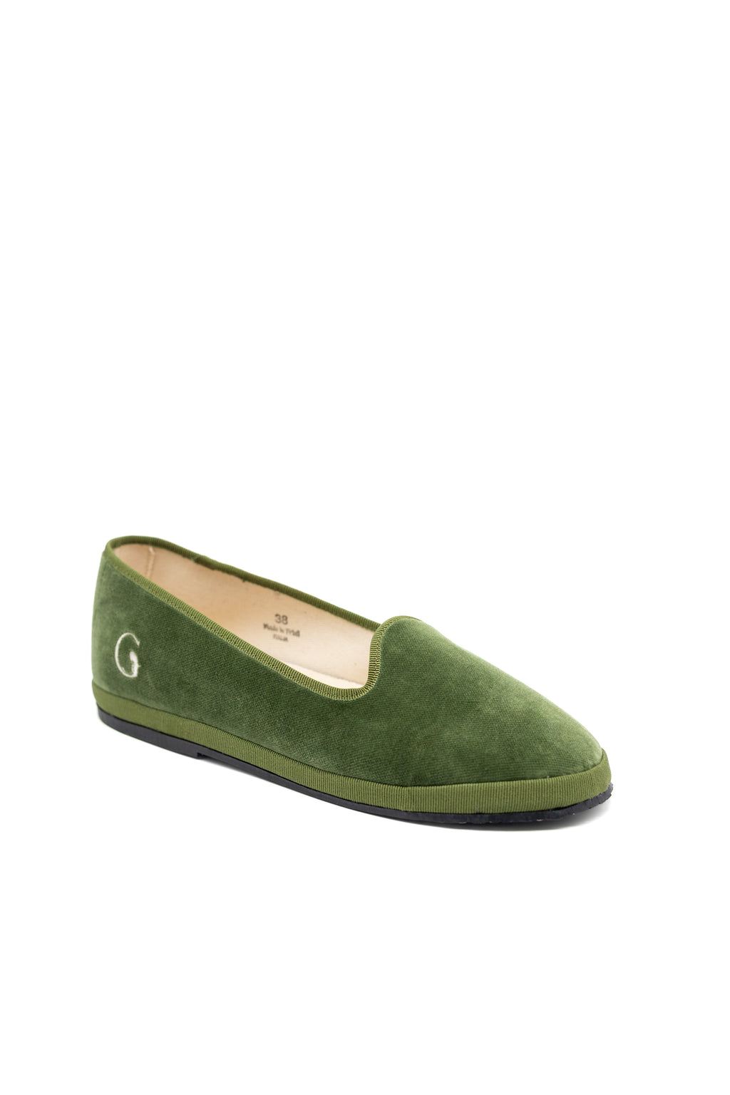 Handcrafted Gondolina Sant Erasmo flats in light green velvet, featuring authentic Venetian design, side view