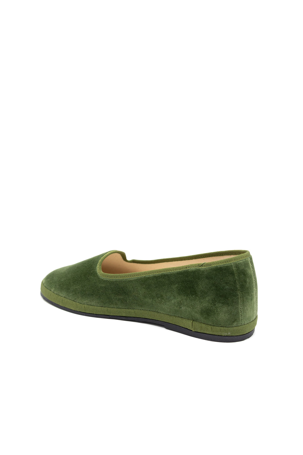 Handcrafted Gondolina Sant Erasmo flats in light green velvet, featuring authentic Venetian design, back view
