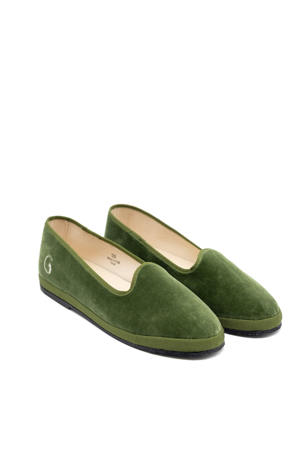 Handcrafted Gondolina Sant Erasmo flats in light green velvet, featuring authentic Venetian design, close-up