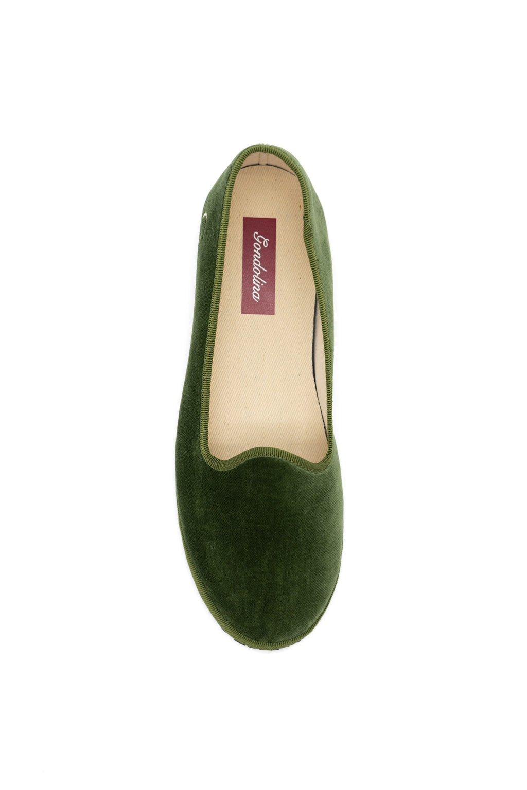 Handcrafted Gondolina Sant Erasmo flats in light green velvet, featuring authentic Venetian design, top view