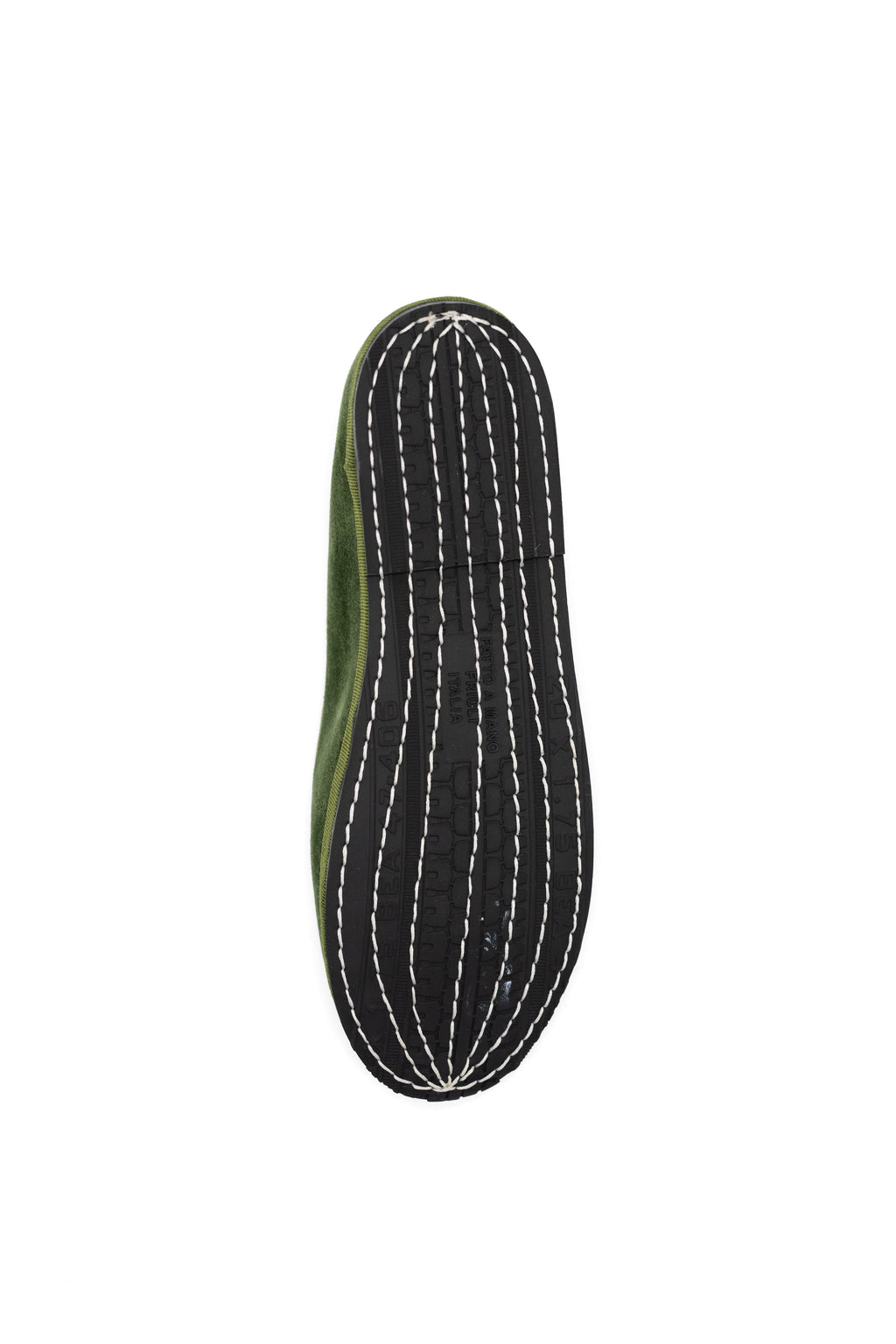 Handcrafted Gondolina Sant Erasmo flats in light green velvet, featuring authentic Venetian design, sole detail