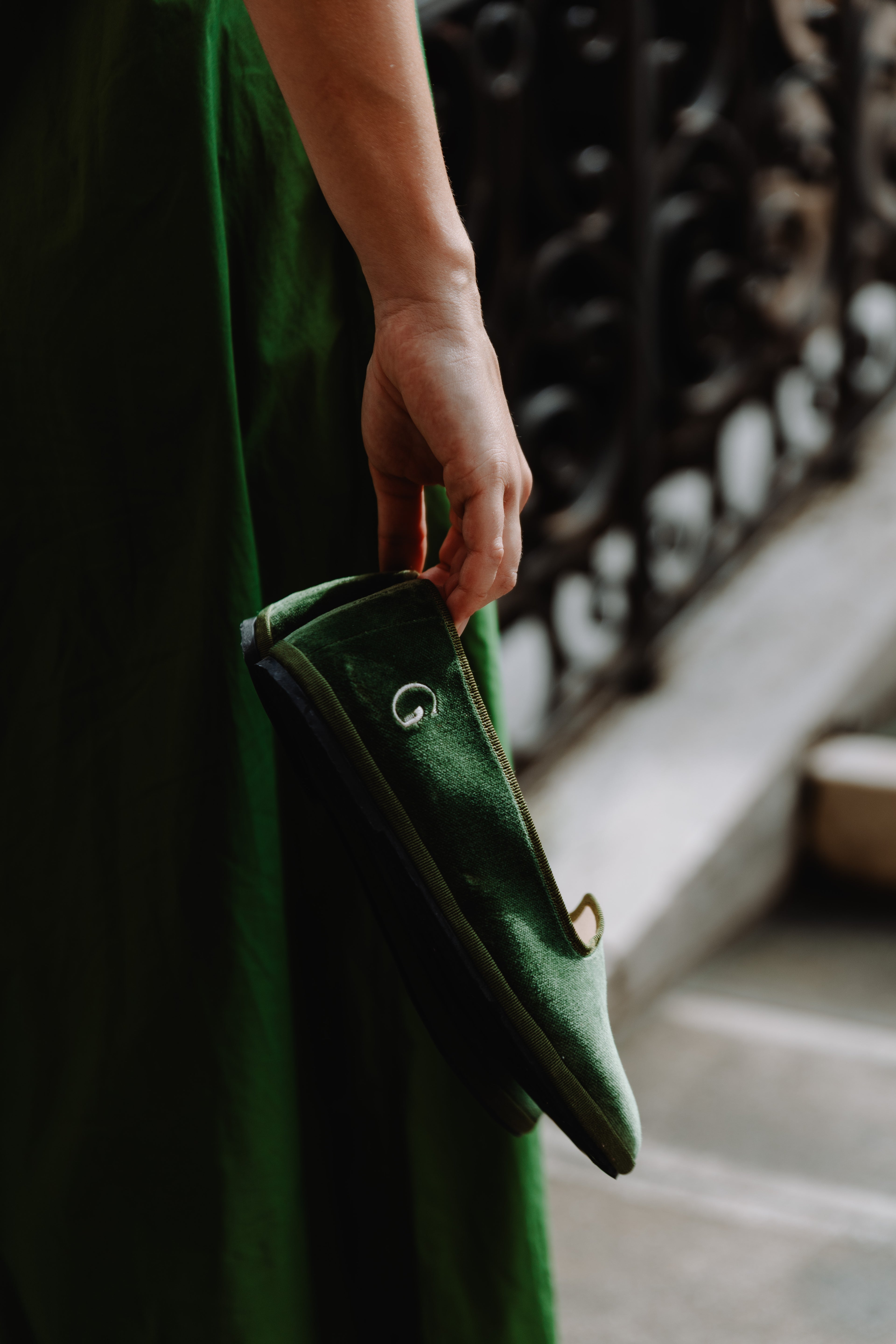 Handcrafted Gondolina Sant Erasmo flats in light green velvet, featuring authentic Venetian design, details