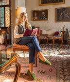 Handcrafted Gondolina Sant Erasmo flats in light green velvet, featuring authentic Venetian design, worn