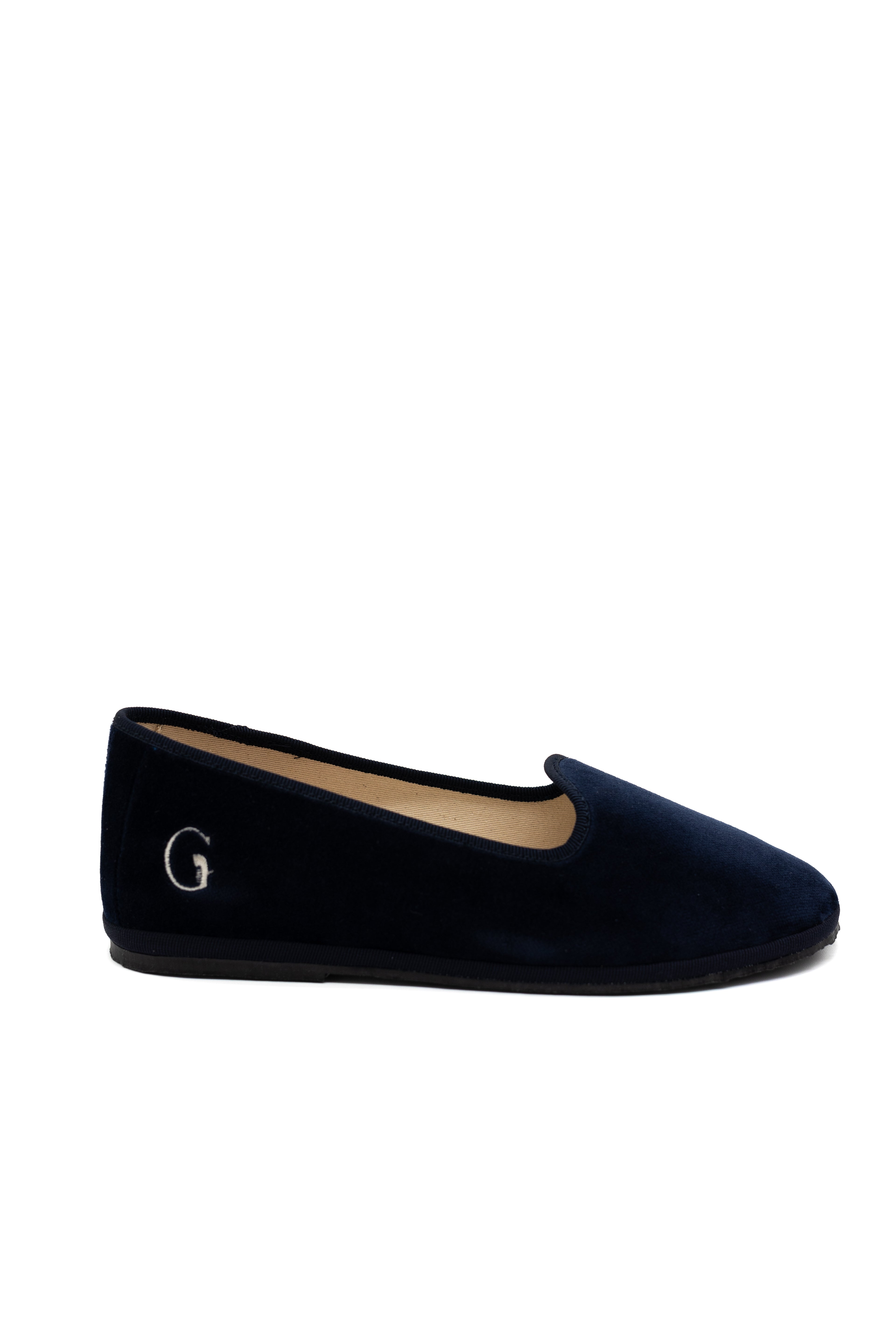 Handcrafted Gondolina Venezia flats in navy velvet, featuring authentic Venetian design, side view