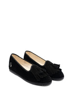 Handcrafted Gondolina Bigontina tassel flats in black velvet for women, featuring authentic Venetian design, close-up