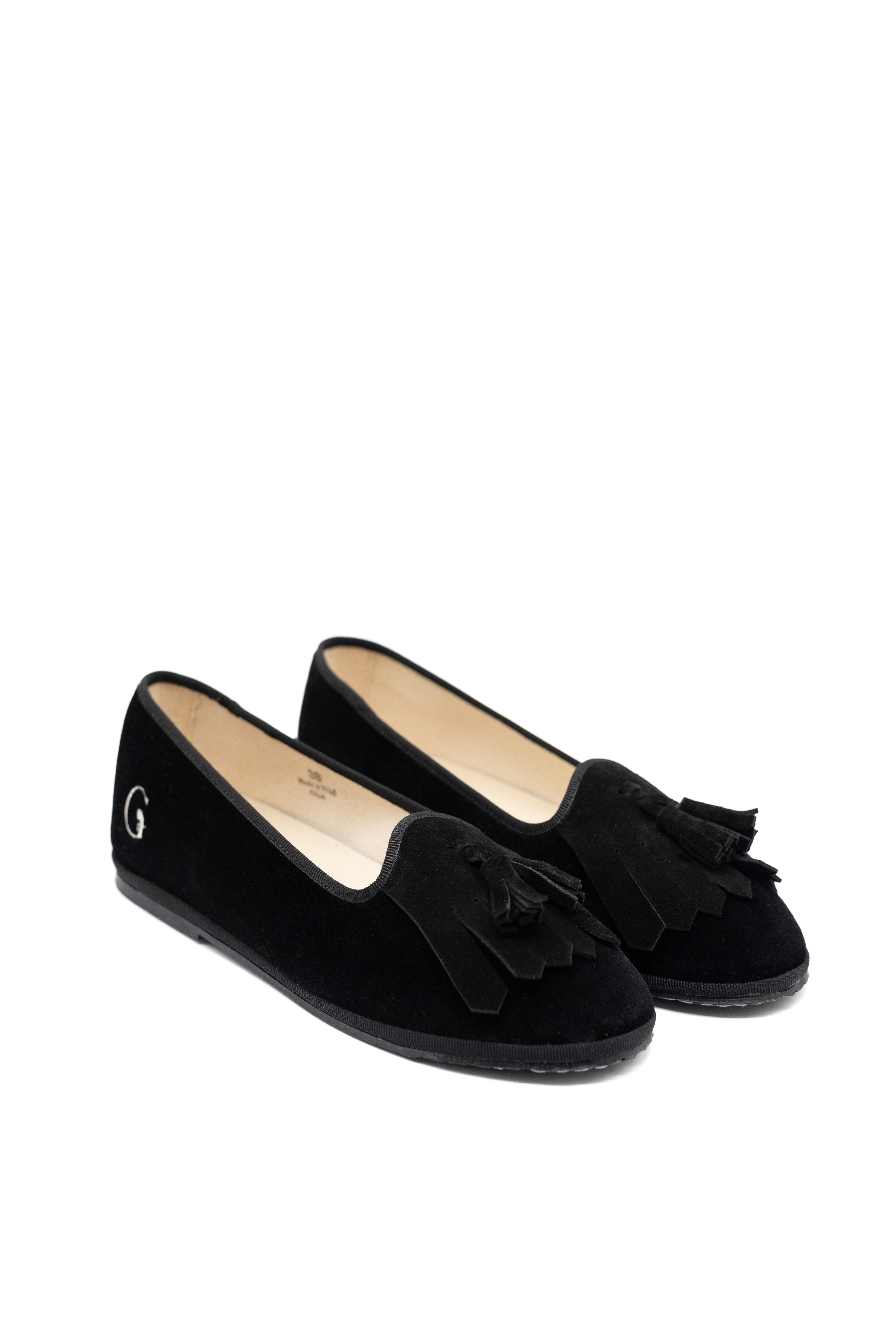 Handcrafted Gondolina Bigontina tassel flats in black velvet for women, featuring authentic Venetian design, close-up