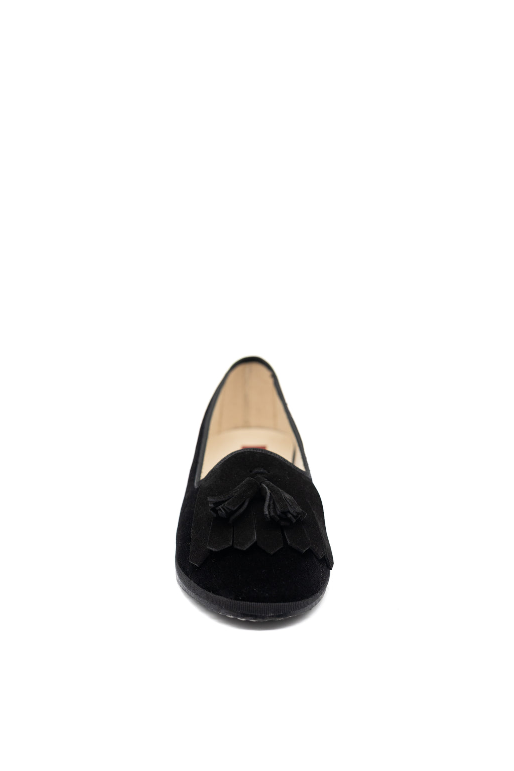 Handcrafted Gondolina Bigontina tassel flats in black velvet for women, featuring authentic Venetian design, front view