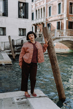 Handcrafted Gondolina Faloria fringe tassel flats in pink velvet, featuring authentic Venetian design, full-body