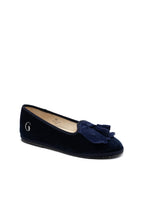Handcrafted Gondolina Lagazuoi fringe tassel flats in blue velvet for women, featuring authentic Venetian design, angled view