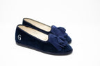 Handcrafted Gondolina Lagazuoi fringe tassel flats in blue velvet, featuring authentic Venetian design, close-up