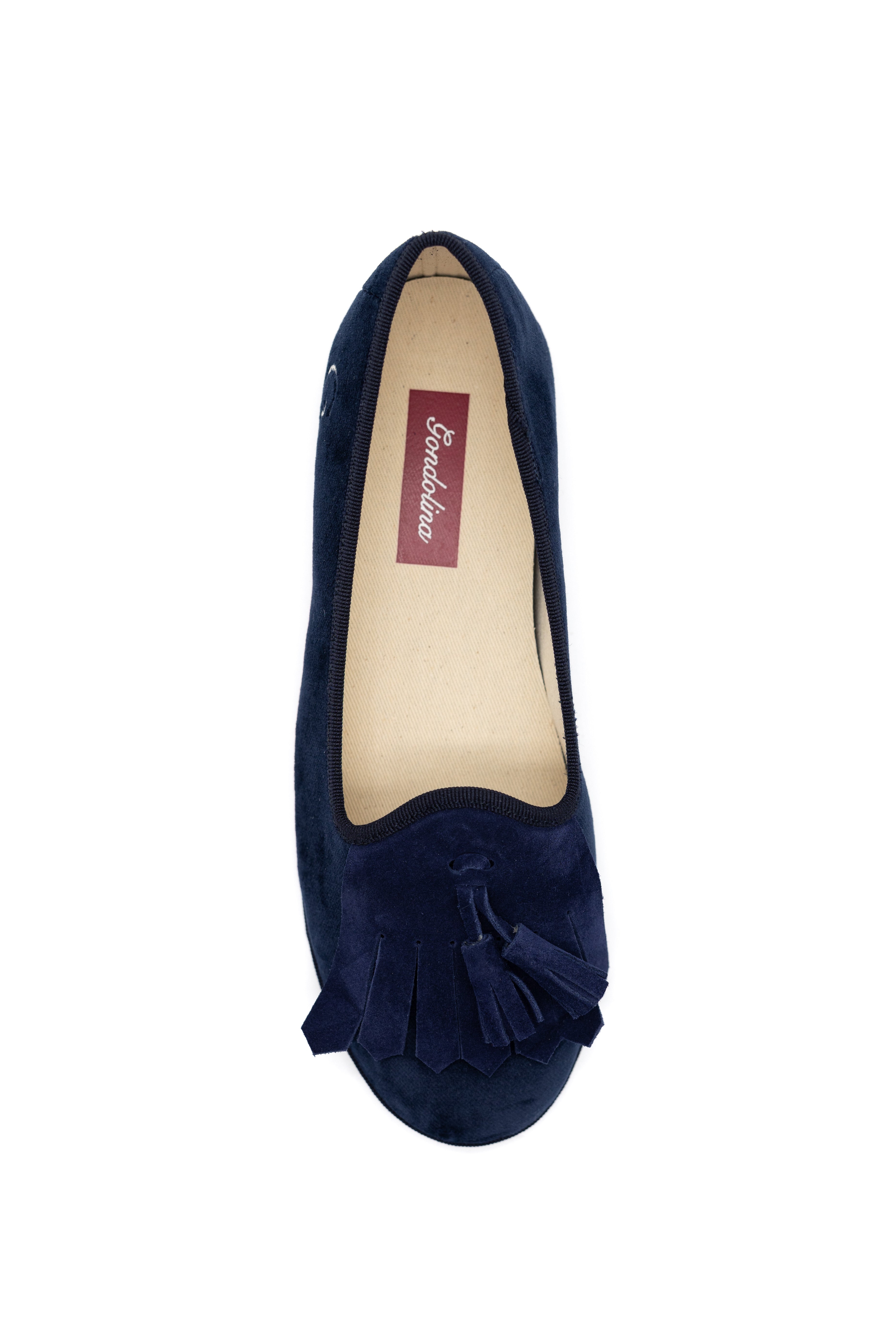 Handcrafted Gondolina Lagazuoi fringe tassel flats in blue velvet for women, featuring authentic Venetian design, top view