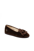 Handcrafted Gondolina Loita fringe tassel flats in brown velvet for women, featuring authentic Venetian design, angled view