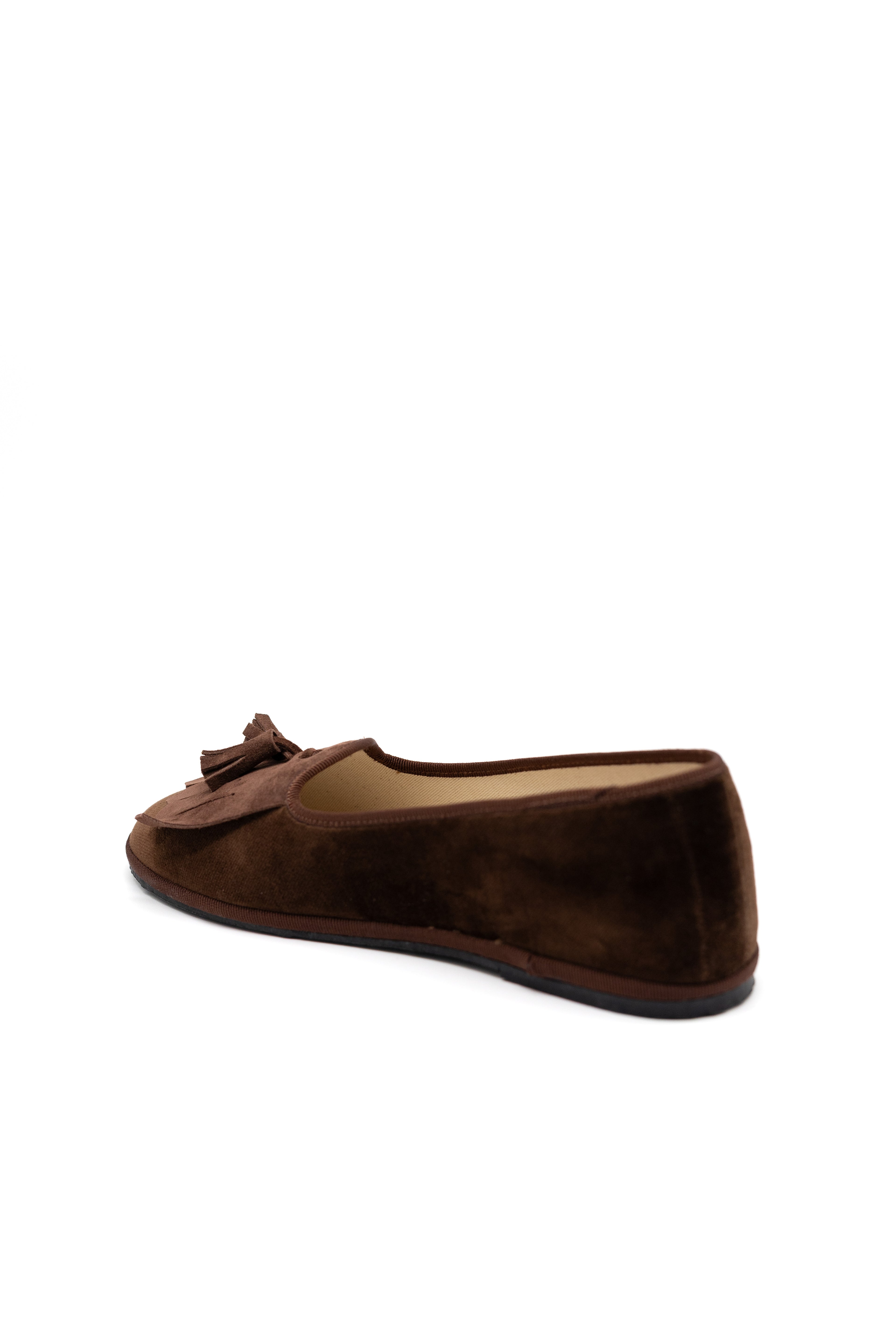 Handcrafted Gondolina Loita fringe tassel flats in brown velvet for women, featuring authentic Venetian design, back view