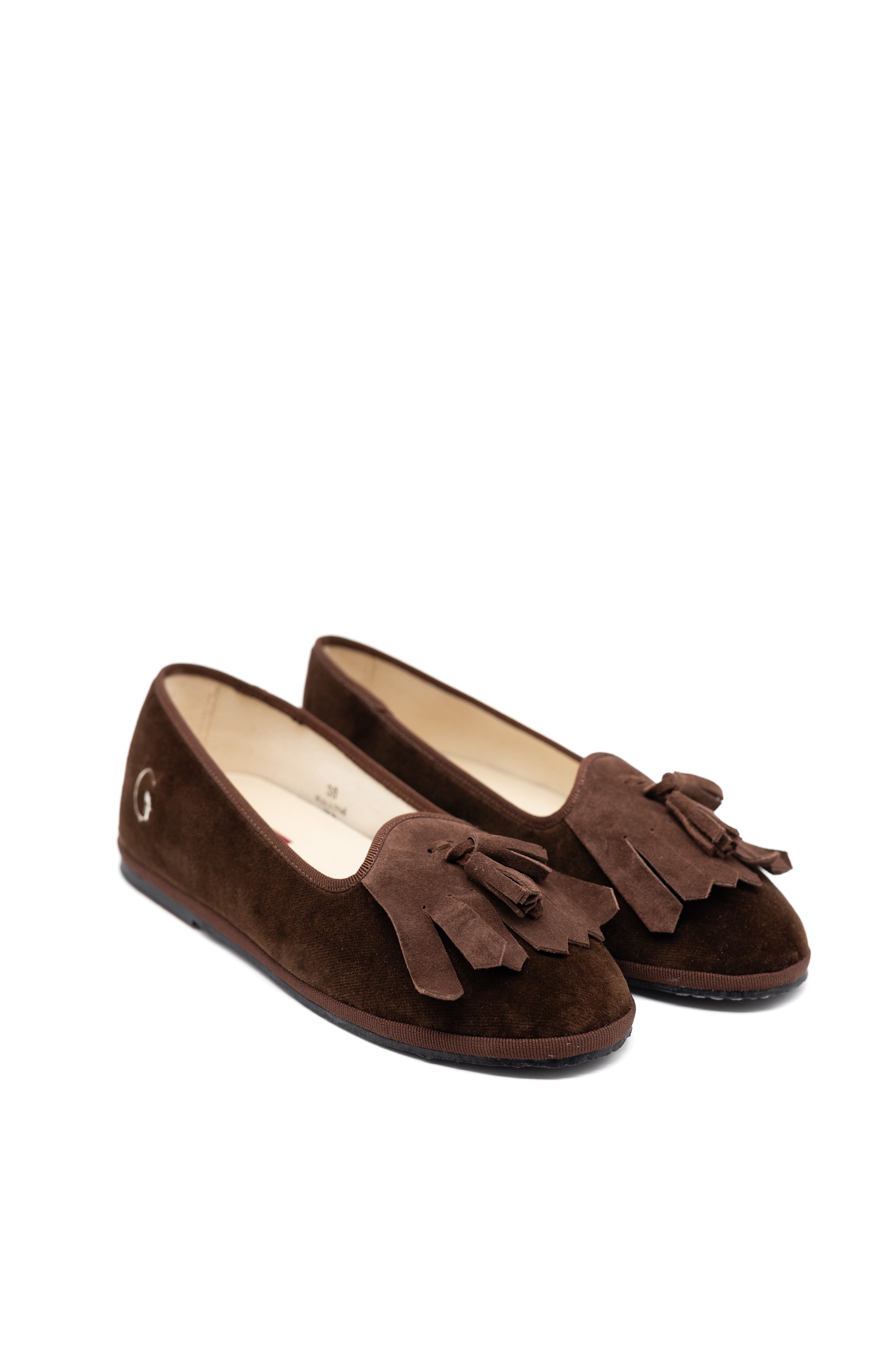 Handcrafted Gondolina Loita fringe tassel flats in brown velvet for women, featuring authentic Venetian design, close-up