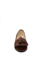 Handcrafted Gondolina Loita fringe tassel flats in brown velvet for women, featuring authentic Venetian design, front view