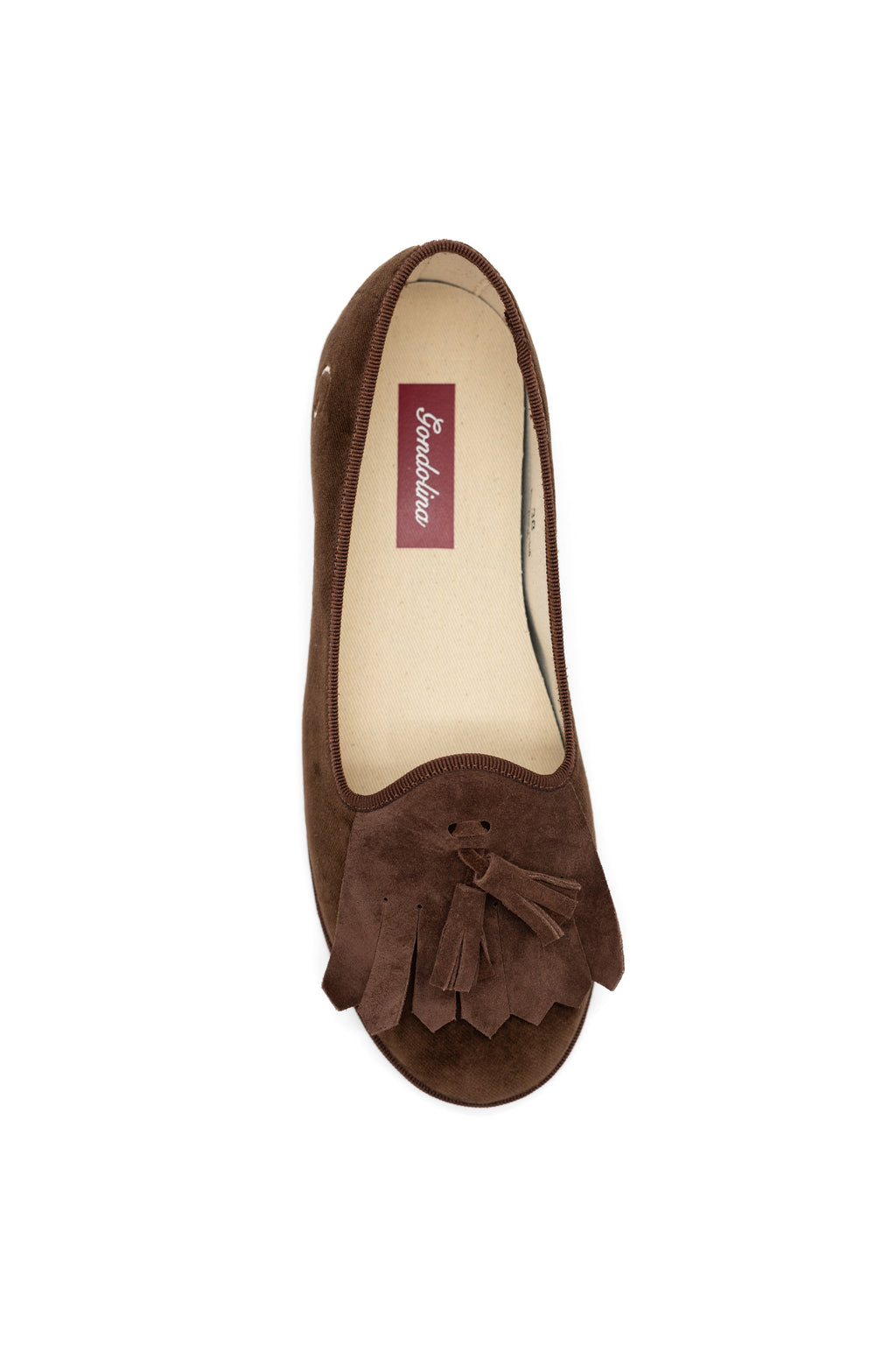 Handcrafted Gondolina Loita fringe tassel flats in brown velvet for women, featuring authentic Venetian design, top view