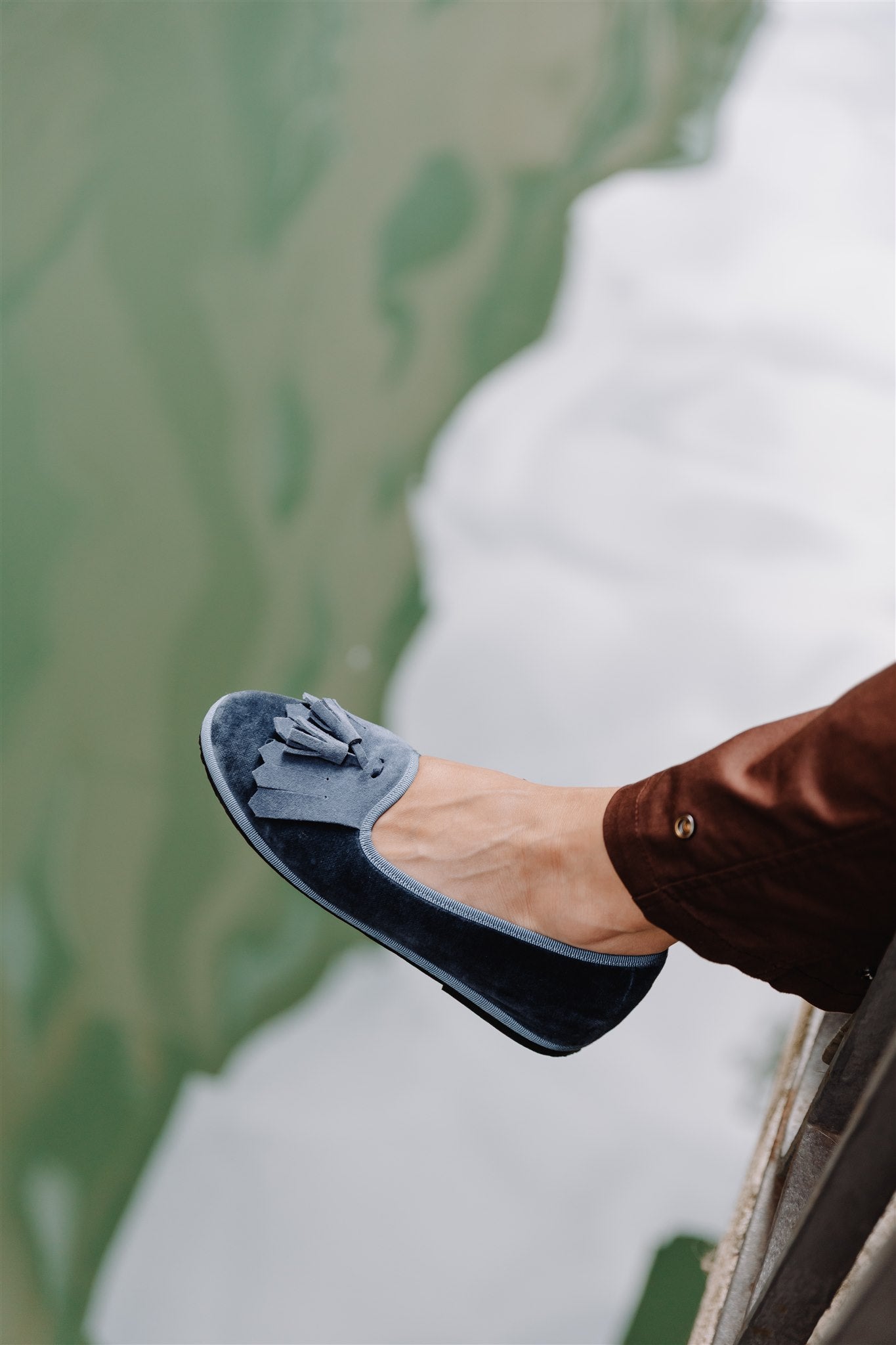 Handcrafted Gondolina Monte Cristallo fringe tassel flats in light blue velvet, featuring authentic Venetian design, main view