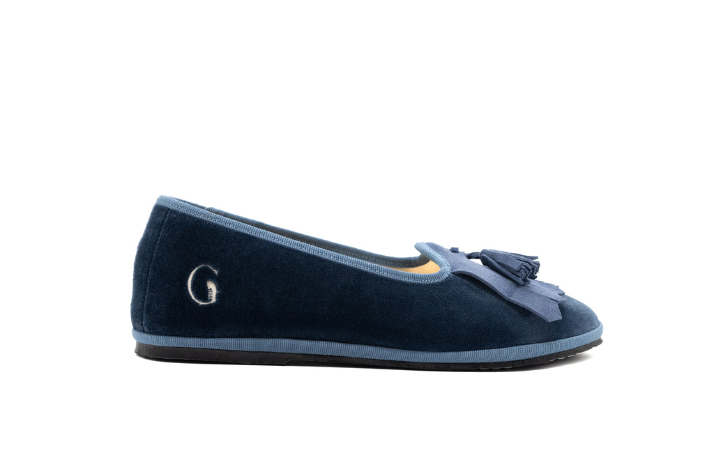 Handcrafted Gondolina Monte Cristallo fringe tassel flats in light blue velvet, featuring authentic Venetian design, side view