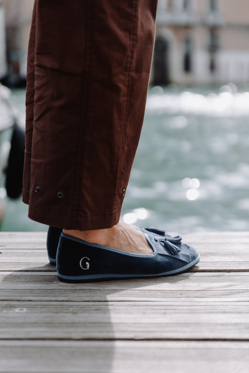 Handcrafted Gondolina Monte Cristallo fringe tassel flats in light blue velvet, featuring authentic Venetian design, detail