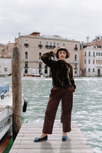 Handcrafted Gondolina Monte Cristallo fringe tassel flats in light blue velvet, featuring authentic Venetian design, full-body