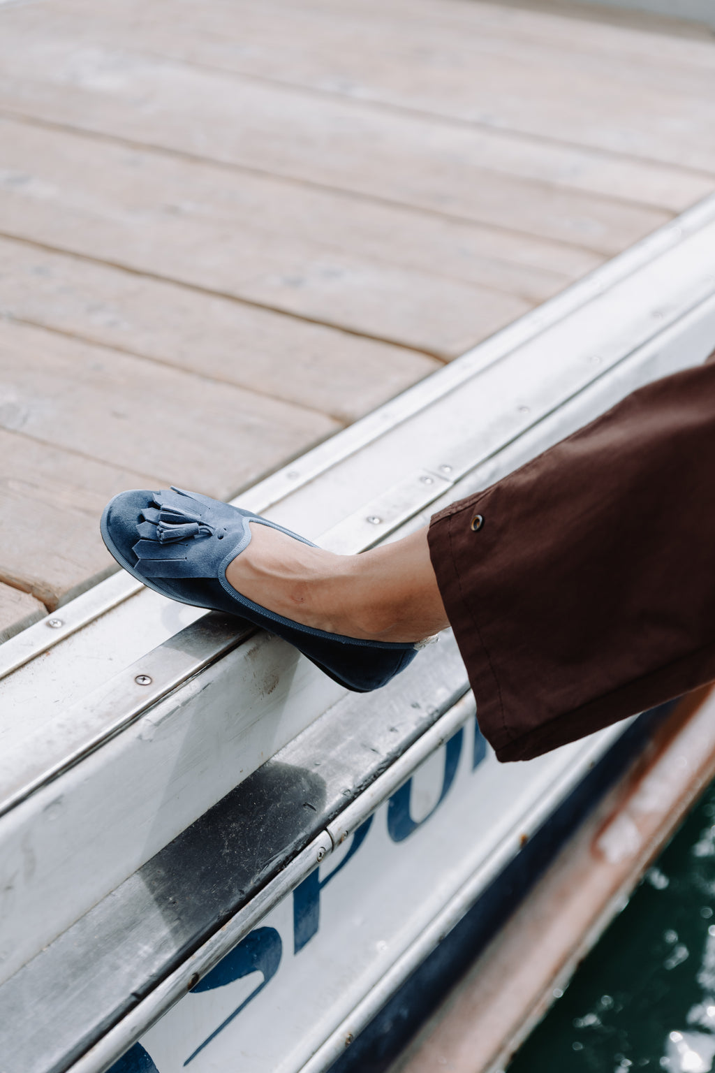 Handcrafted Gondolina Monte Cristallo fringe tassel flats in light blue velvet, featuring authentic Venetian design, lifestyle