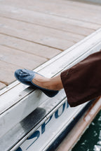 Handcrafted Gondolina Monte Cristallo fringe tassel flats in light blue velvet, featuring authentic Venetian design, lifestyle