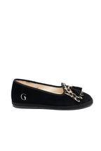 Handcrafted Gondolina Olympia tassel flats in black and leopard fringe in velvet, featuring authentic Venetian design, main view