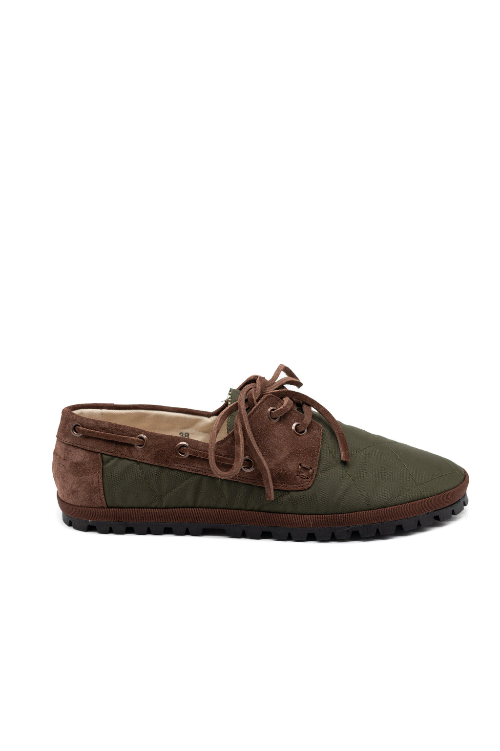 Handcrafted Gondolina Laguna loafers waterproof in green nylon, featuring authentic Venetian design, side view laces