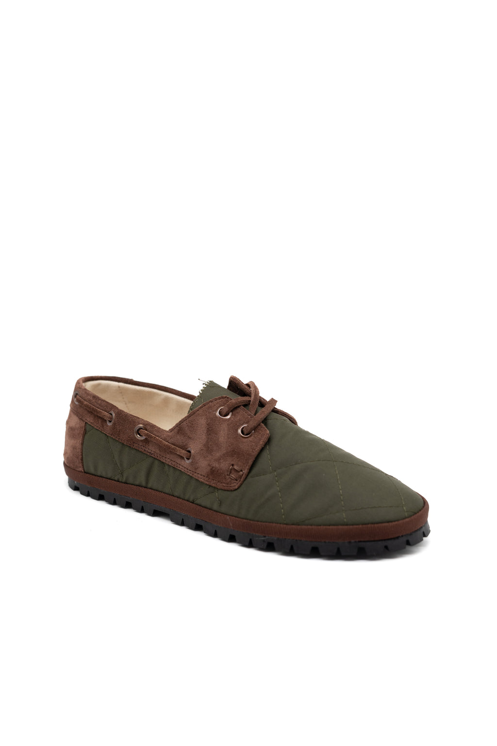 Handcrafted Gondolina Laguna loafers waterproof in green nylon, featuring authentic Venetian design, side view no laces