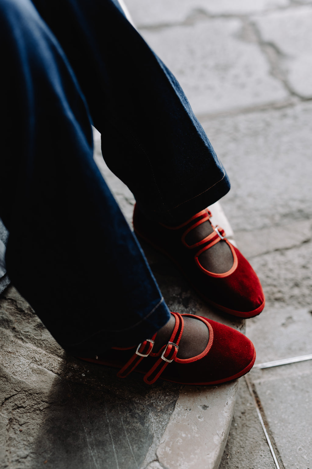 Handcrafted Gondolina Accademia Mary Jane in red velvet, featuring authentic Venetian design, details