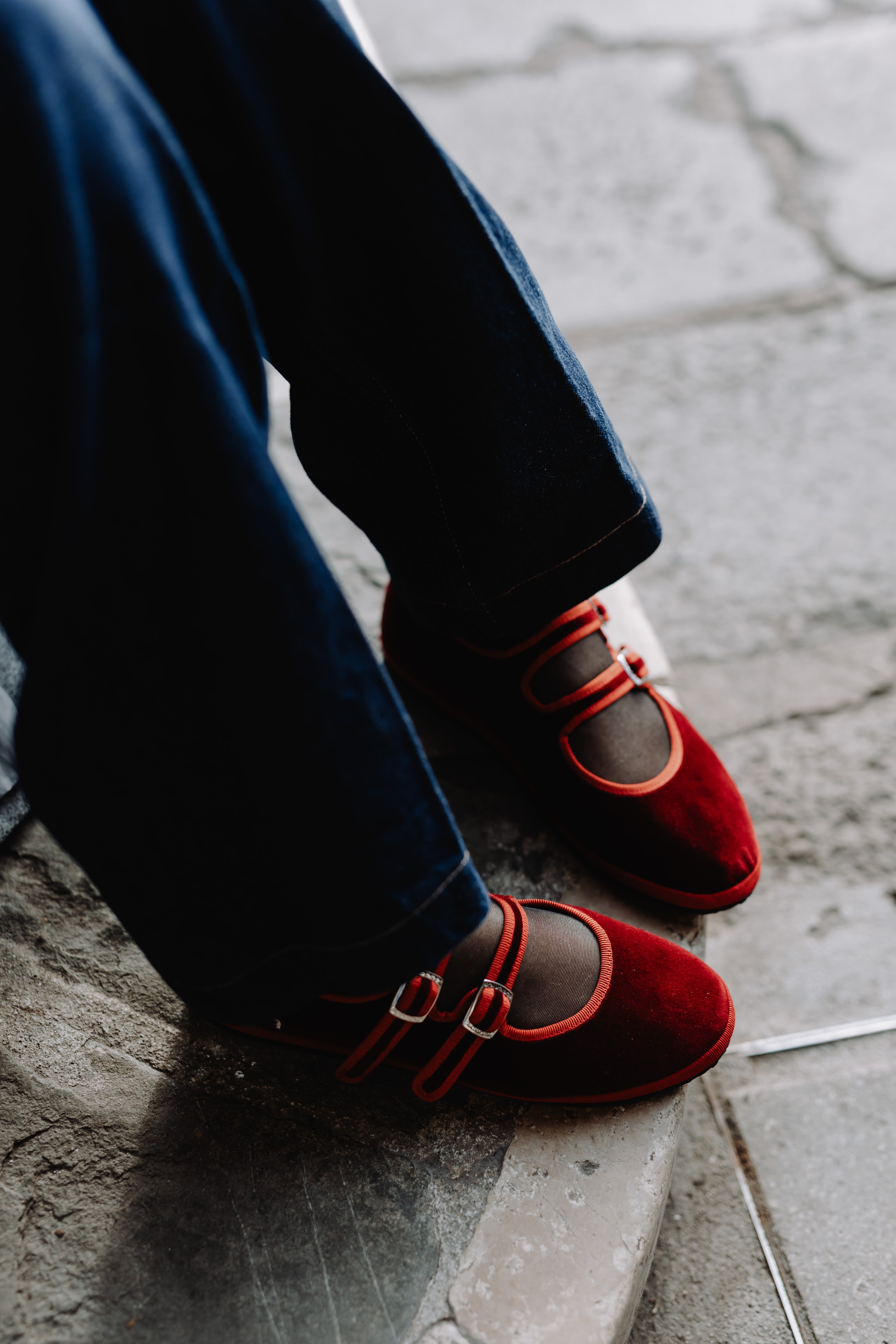 Handcrafted Gondolina Accademia Mary Jane in red velvet, featuring authentic Venetian design, details