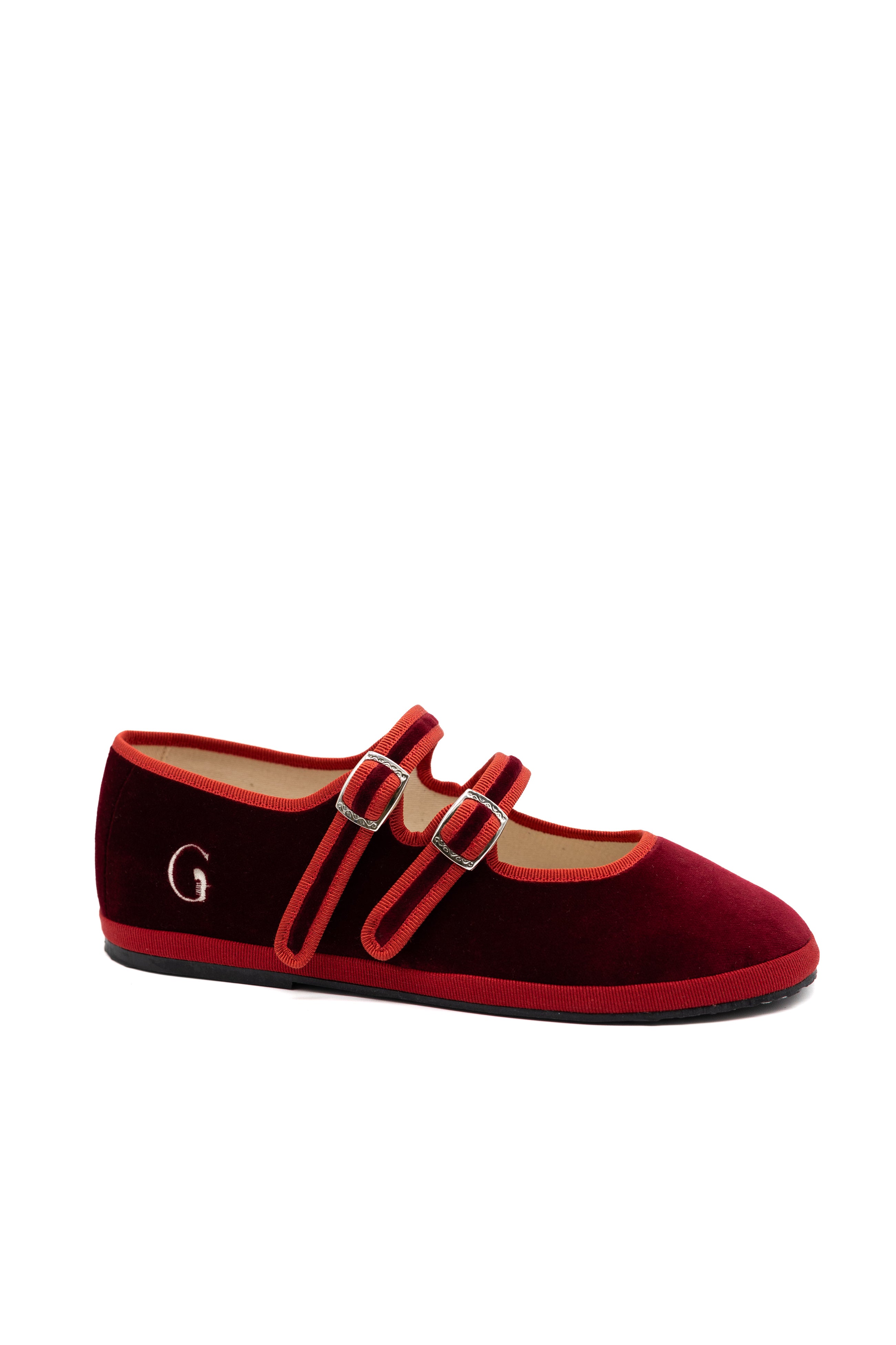 Handcrafted Gondolina Accademia Mary Jane in red velvet, featuring authentic Venetian design, side view