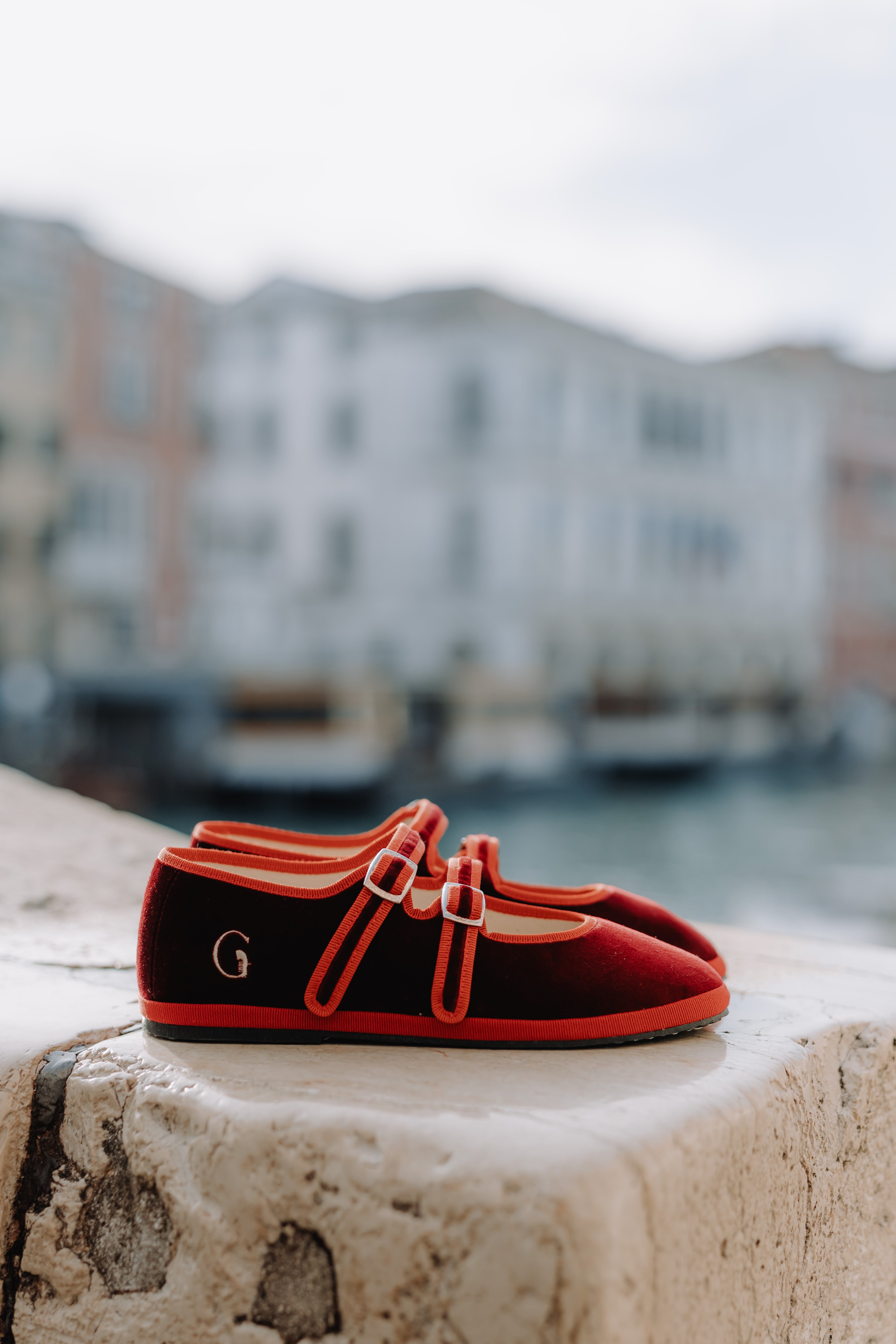 Handcrafted Gondolina Accademia Mary Jane in red velvet, featuring authentic Venetian design, lifestyle