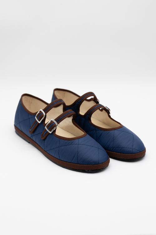 Handcrafted Gondolina Acqua Alta Mary Jane waterproof in blue nylon, featuring authentic Venetian design, close-up