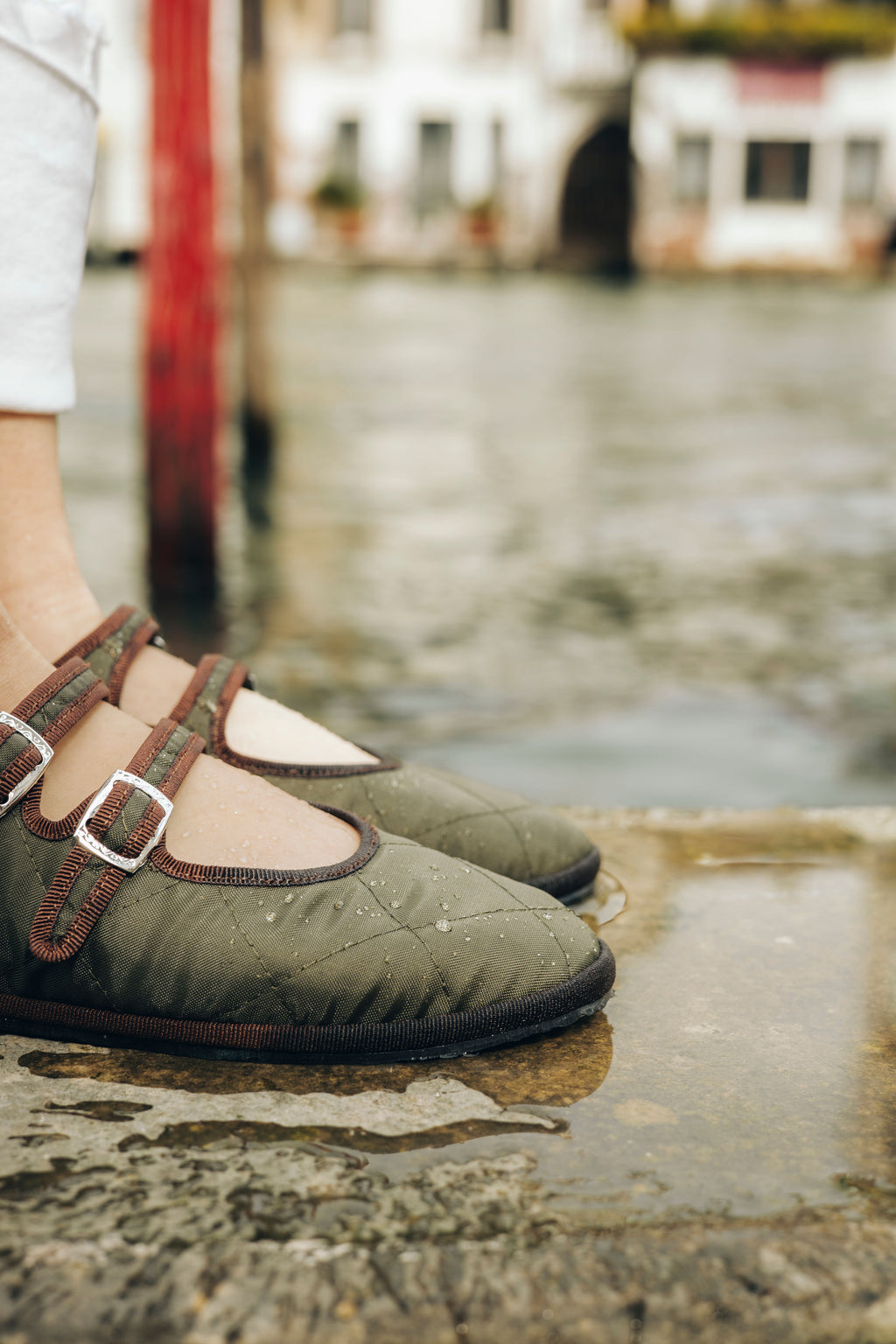 Handcrafted Gondolina Acqua Alta Mary Jane waterproof in green nylon, featuring authentic Venetian design