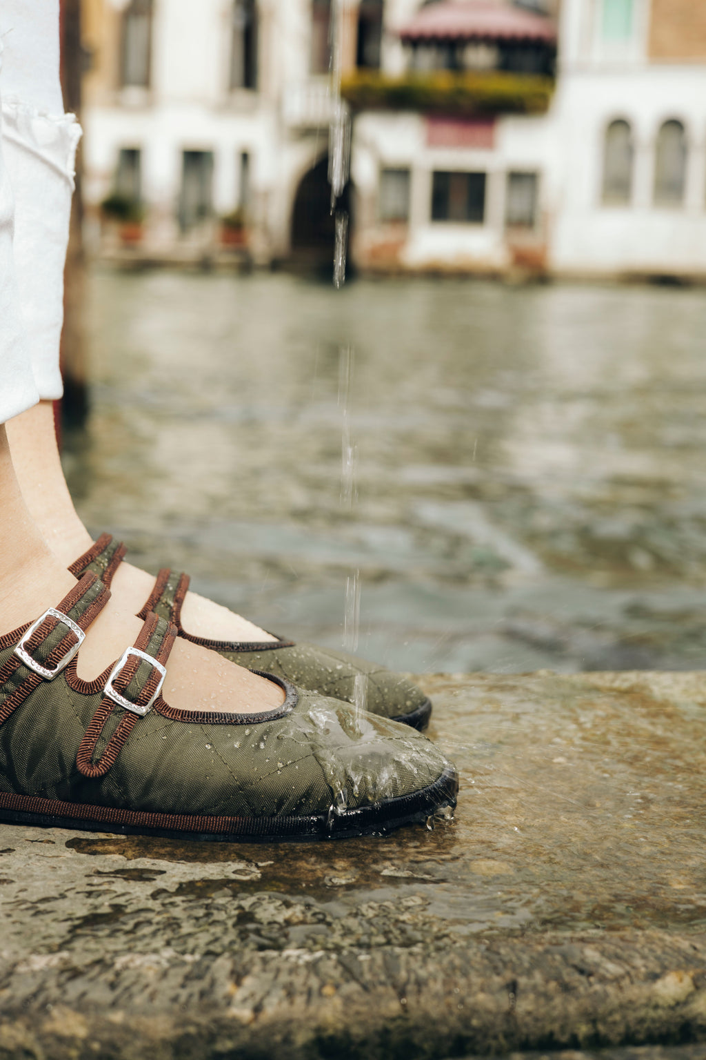 Handcrafted Gondolina Acqua Alta Mary Jane in green nylon, featuring authentic Venetian design, waterproof detail