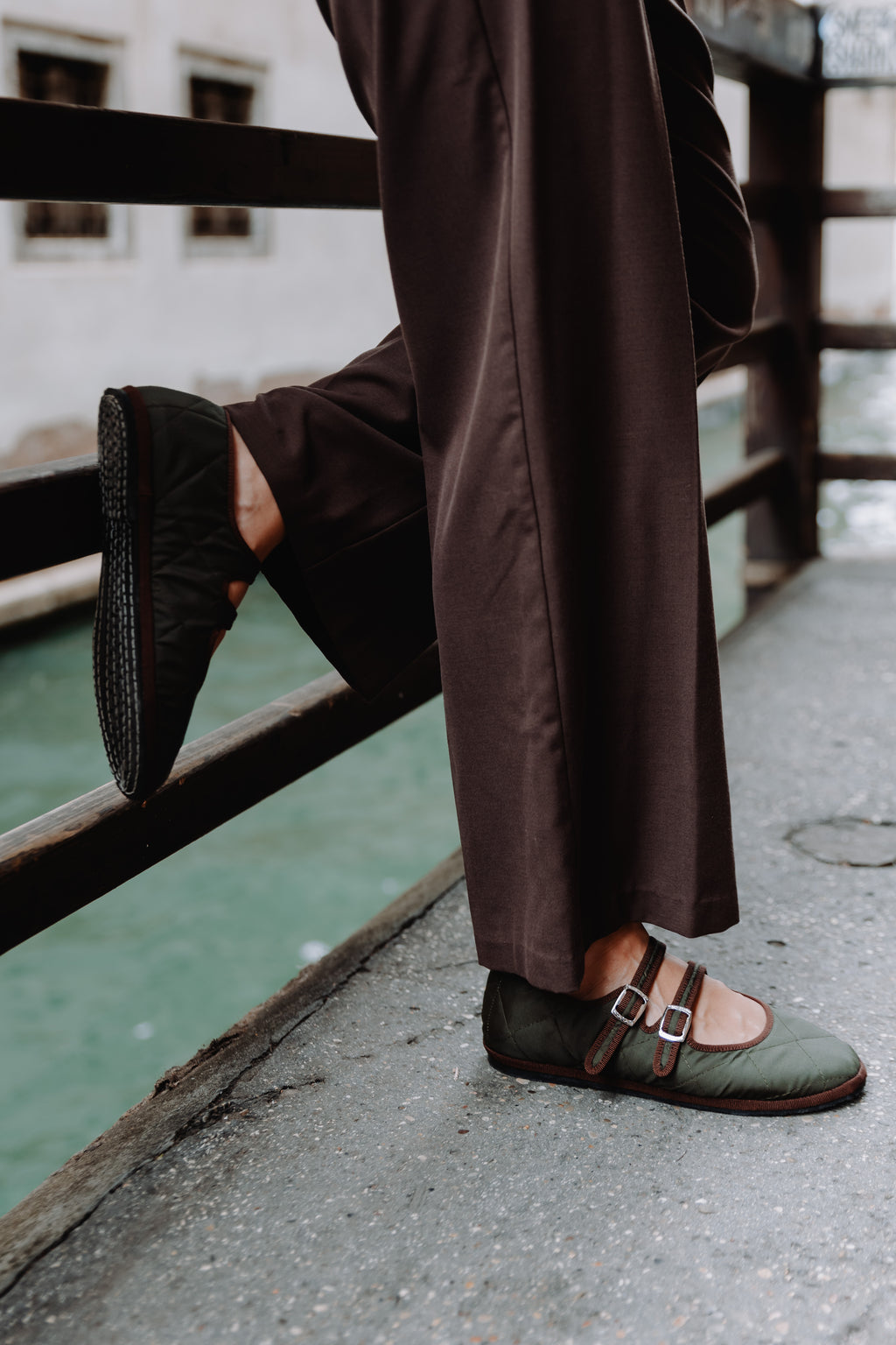 Handcrafted Gondolina Acqua Alta Mary Jane waterproof in green nylon, featuring authentic Venetian design, double close-up