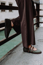 Handcrafted Gondolina Acqua Alta Mary Jane waterproof in green nylon, featuring authentic Venetian design, double close-up