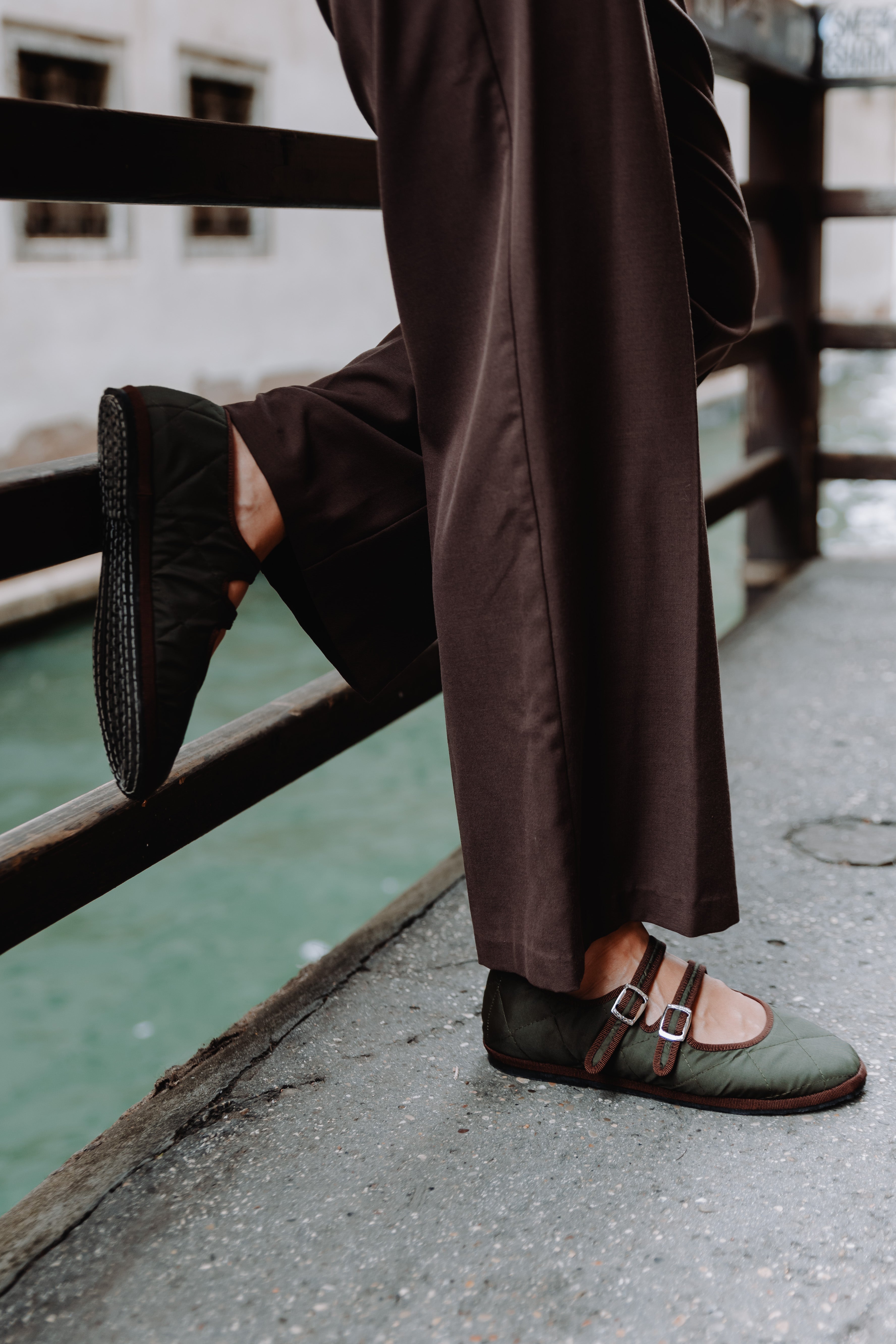 Handcrafted Gondolina Acqua Alta Mary Jane waterproof in green nylon, featuring authentic Venetian design, double close-up