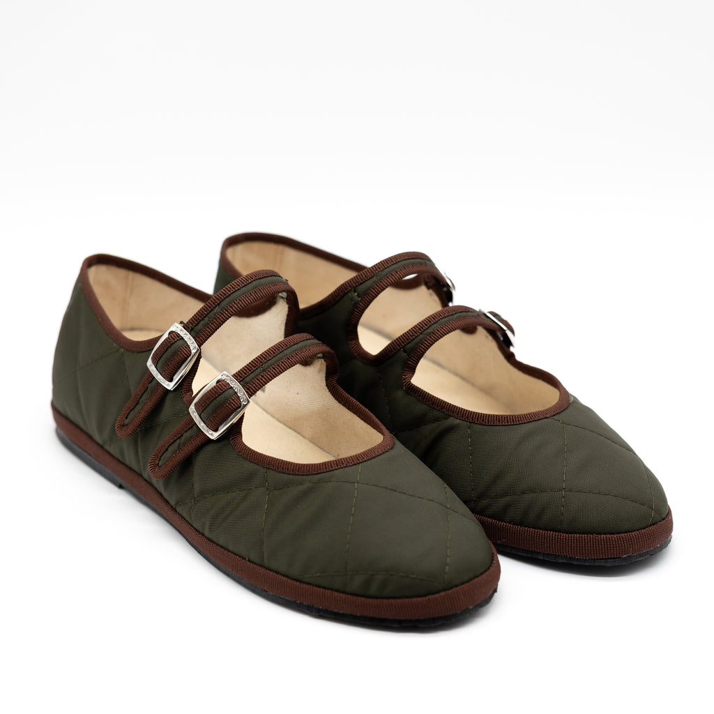 Handcrafted Gondolina Acqua Alta Mary Jane waterproof in green nylon, featuring authentic Venetian design, details