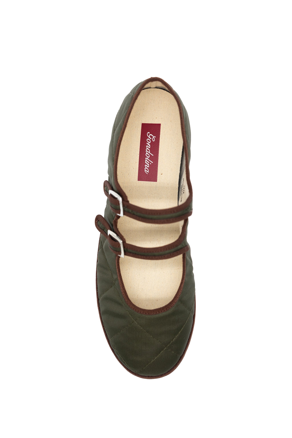 Handcrafted Gondolina Acqua Alta Mary Jane waterproof in green nylon, featuring authentic Venetian design, top view