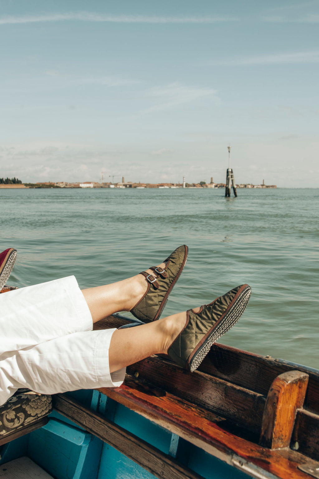 Handcrafted Gondolina Acqua Alta Mary Jane waterproof in green nylon, featuring authentic Venetian design, double lifestyle