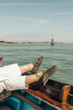 Handcrafted Gondolina Acqua Alta Mary Jane waterproof in green nylon, featuring authentic Venetian design, double lifestyle