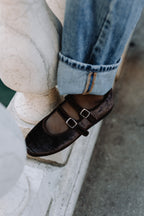 Handcrafted Gondolina Cocco Mary Jane with brown crocodile effect, featuring authentic Venetian design, lifestyle