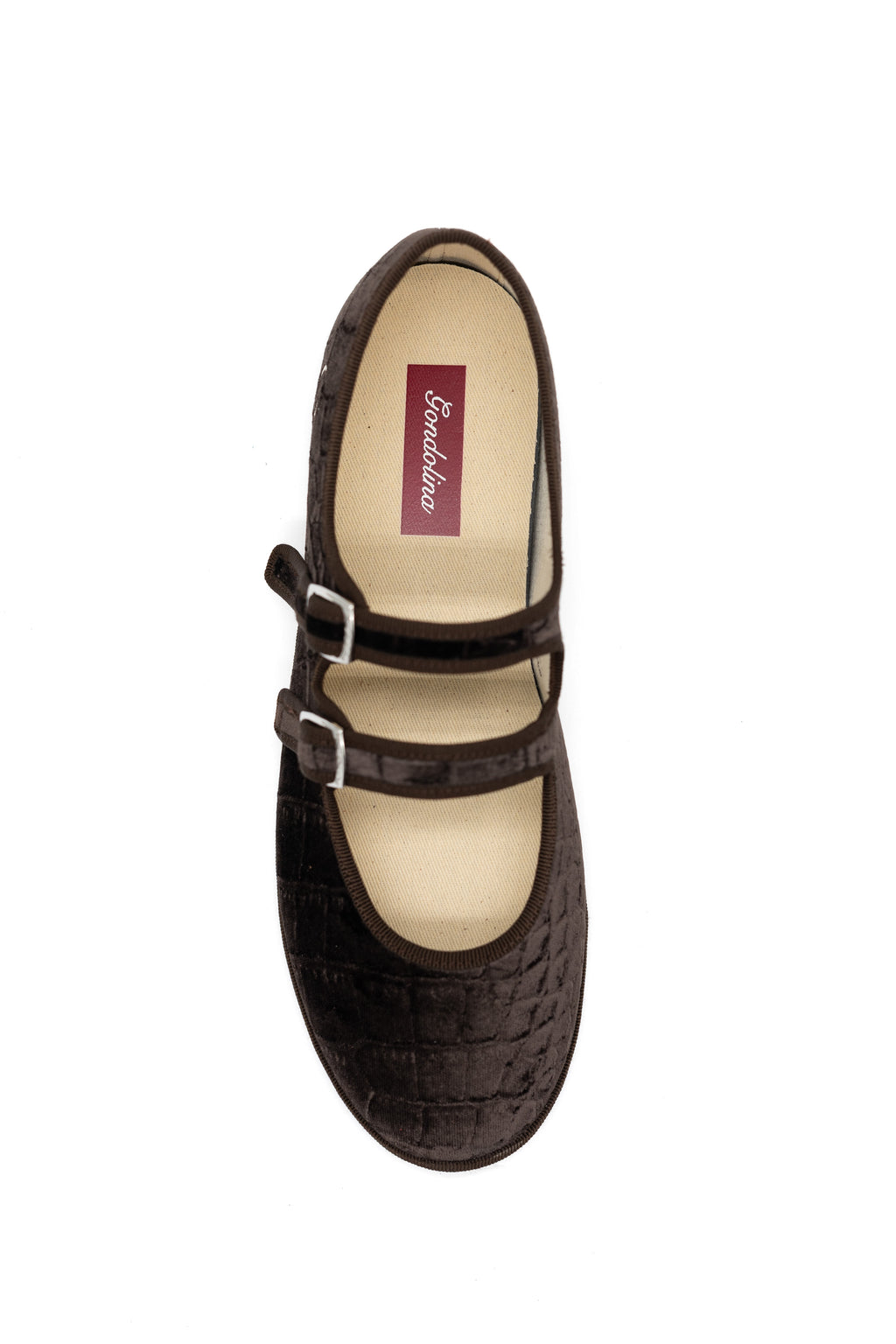 Handcrafted Gondolina Cocco Mary Jane with brown crocodile effect, featuring authentic Venetian design, top view