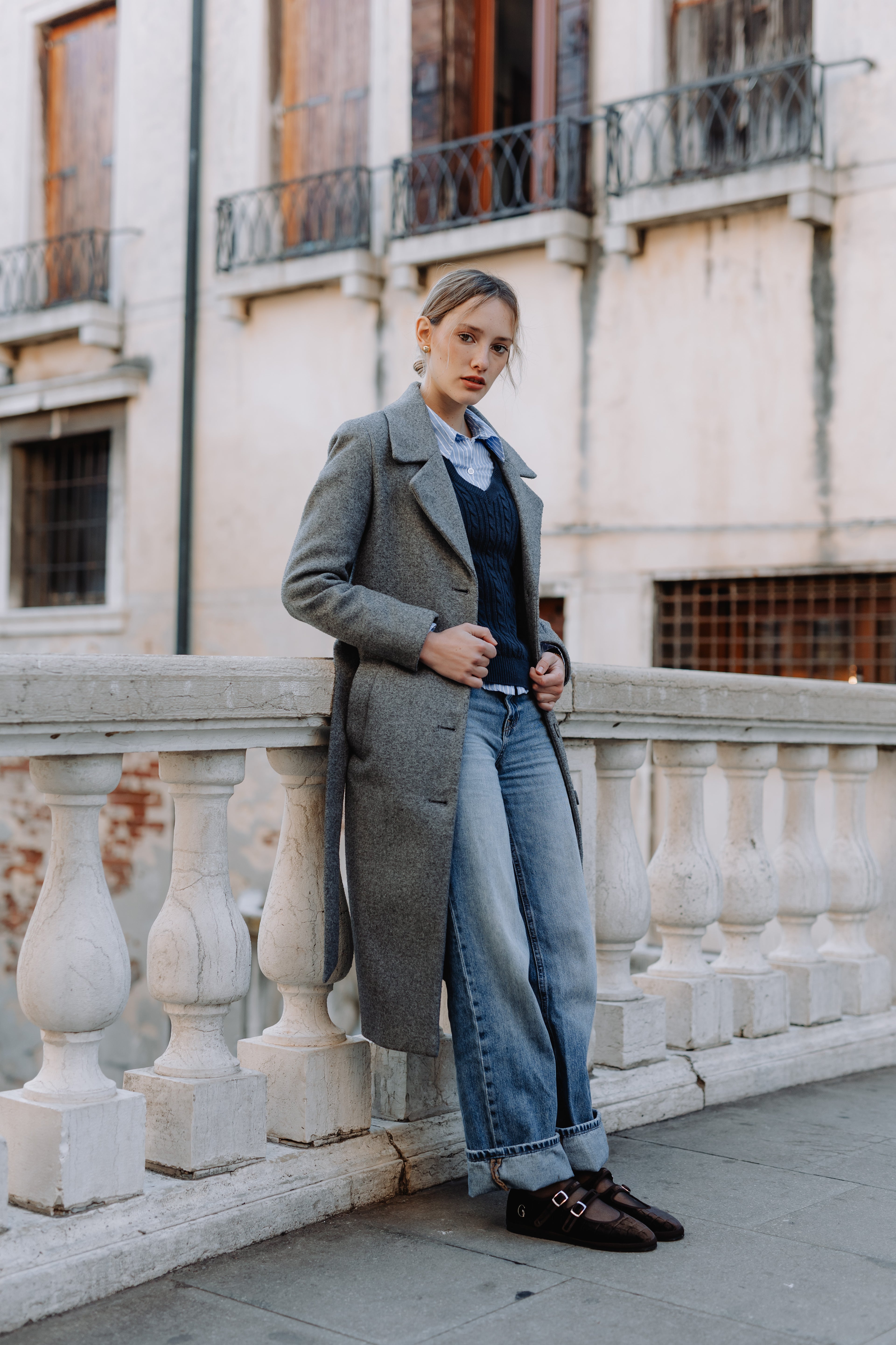 Handcrafted Gondolina Croco Mary Jane with brown crocodile effect, featuring authentic Venetian design, worn by model