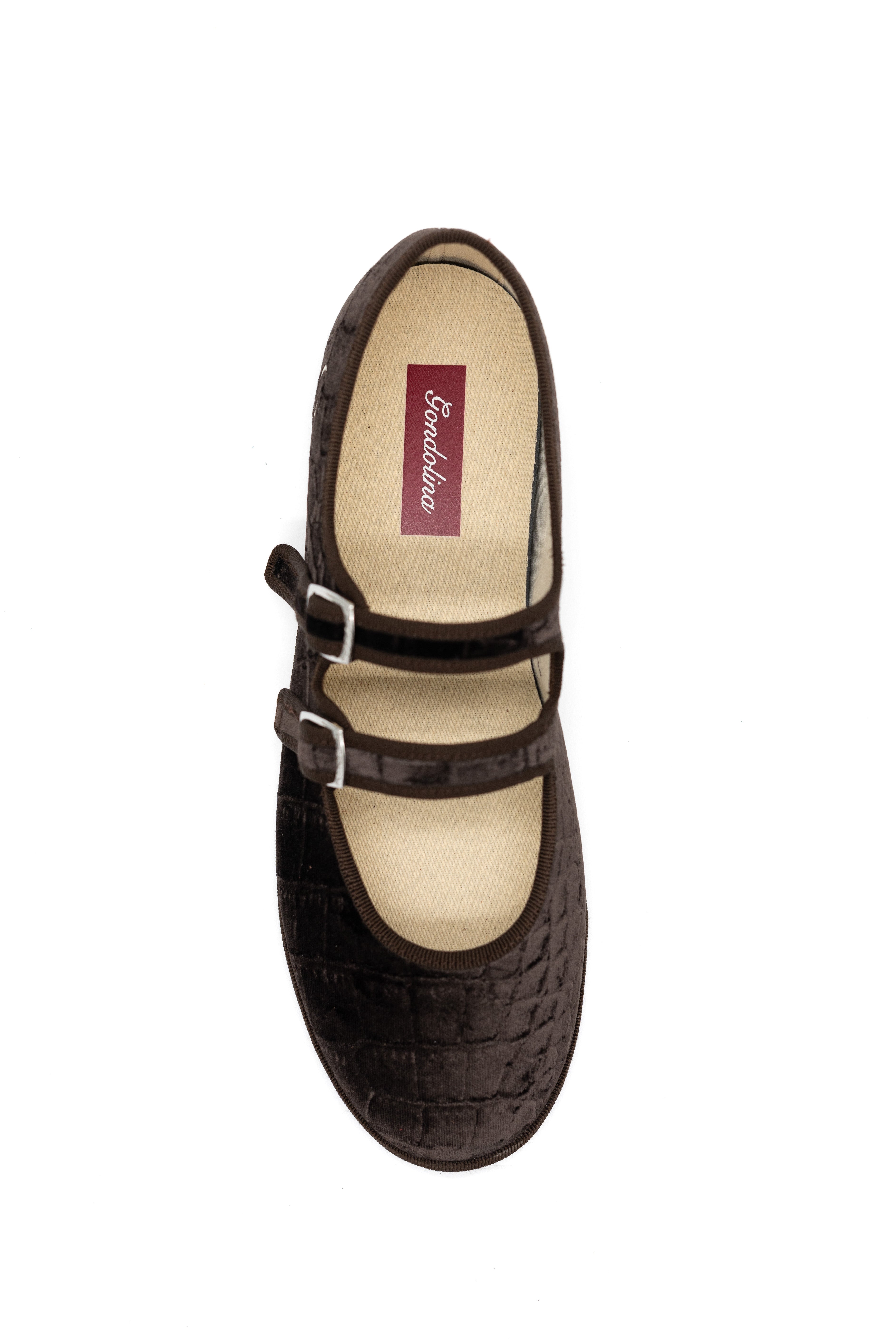 Handcrafted Gondolina Croco Mary Jane with brown crocodile effect, featuring authentic Venetian design, top view