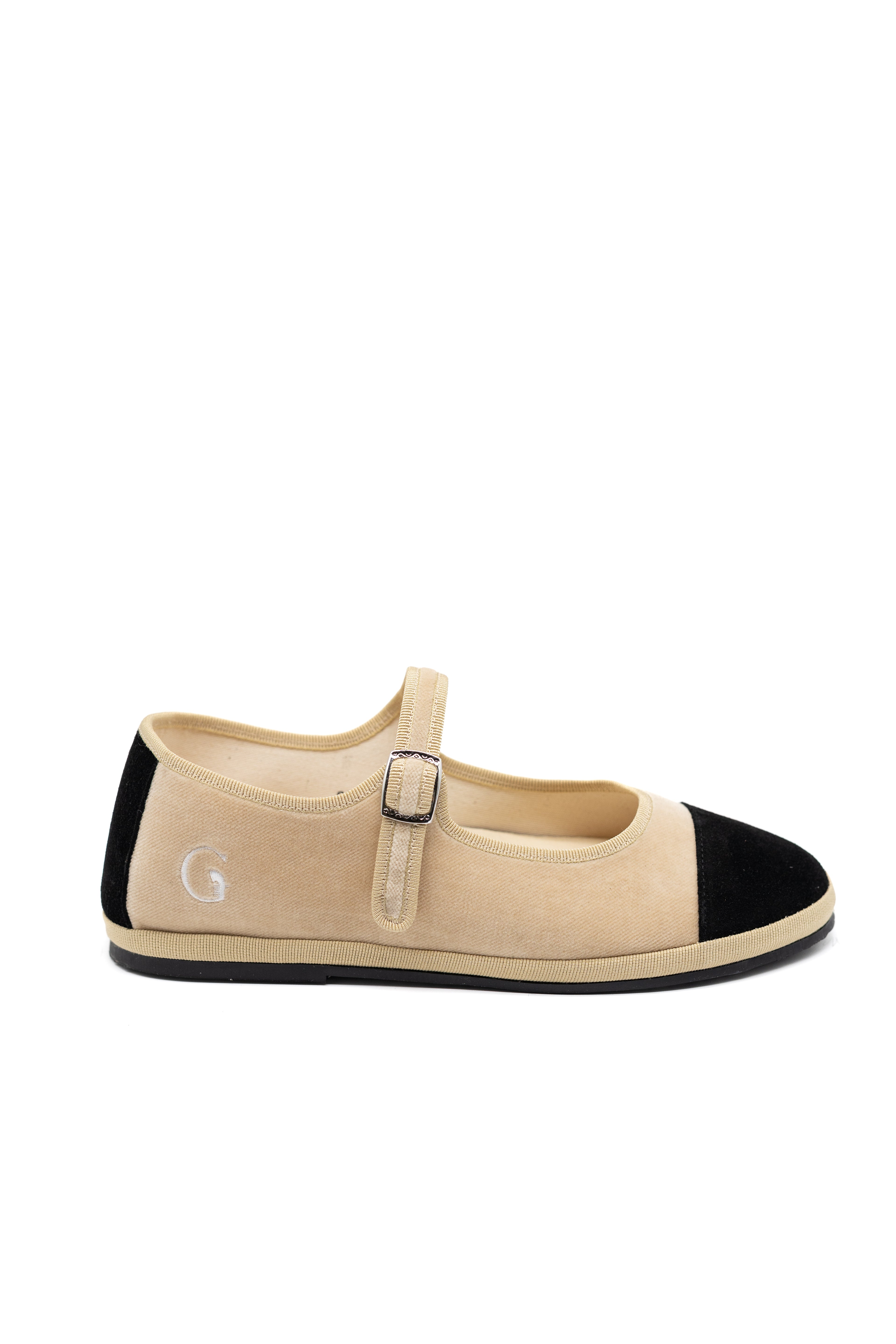 Handcrafted Gondolina Damier Mary Jane in nude velvet with toe in black suede, featuring authentic Venetian design, side view